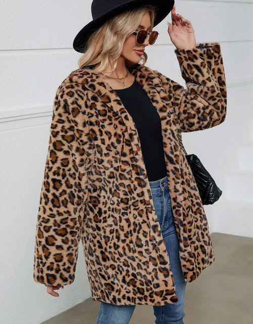 Load image into Gallery viewer, Fuzzy Leopard Hooded Long Sleeve Jacket
