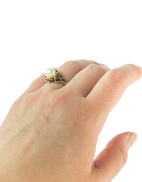 Load image into Gallery viewer, Vintage 1970's Pearl Bead Ring Antiqued 18k Gold Electroplated Made in USA by PVD Vintage Jewelry
