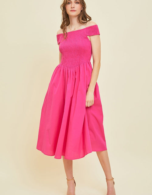 Load image into Gallery viewer, HEYSON Off-Shoulder Smocked Midi Dress
