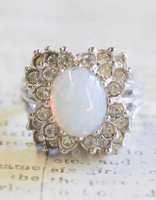 Load image into Gallery viewer, Vintage Emerald Green Crystal Cabochon Stone &amp; Clear Crystal Ring in 18kt Yellow Gold Electroplate by PVD Vintage Jewelry
