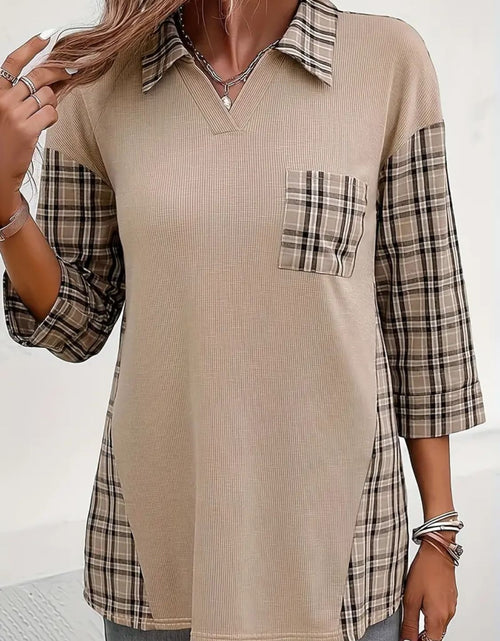 Load image into Gallery viewer, Plaid Johhny Collar Three-Quarter Sleeve T-Shirt
