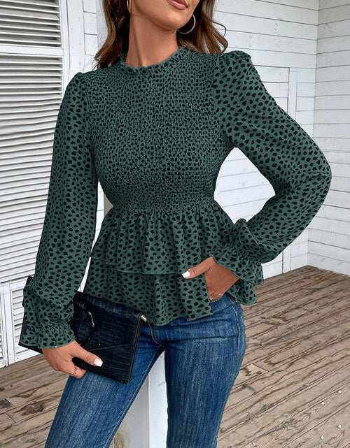 Load image into Gallery viewer, Printed Round Neck Smocked Flounce Sleeve T-Shirt

