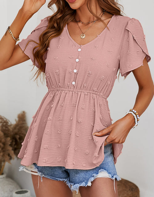 Load image into Gallery viewer, Swiss Dot Buttoned Petal Sleeve Peplum Blouse
