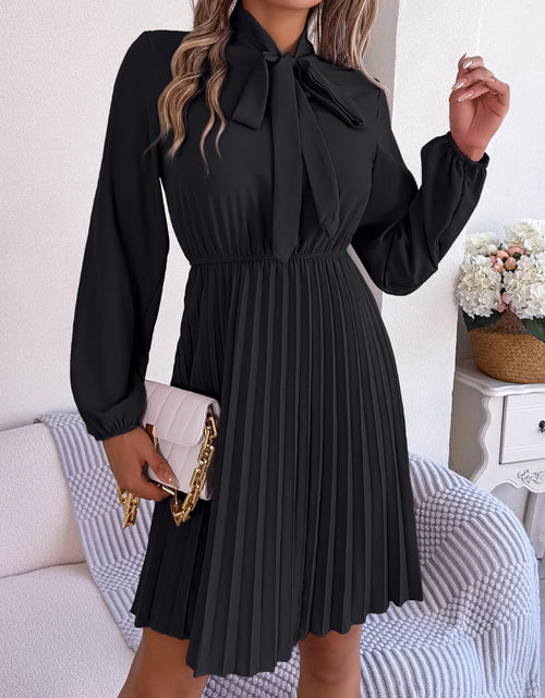 Load image into Gallery viewer, Tie Neck Balloon Sleeve Pleated Dress
