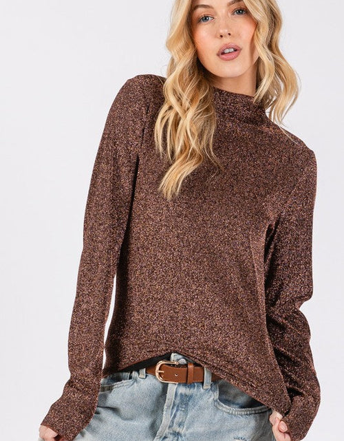 Load image into Gallery viewer, SAGE + FIG Glitter Mock Neck Lettuce Hem Long Sleeve Top
