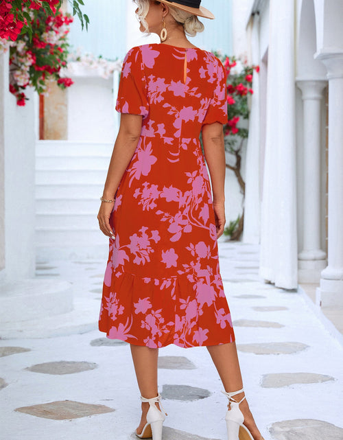 Load image into Gallery viewer, Floral Puff Sleeve Ruffle Hem Midi Dress
