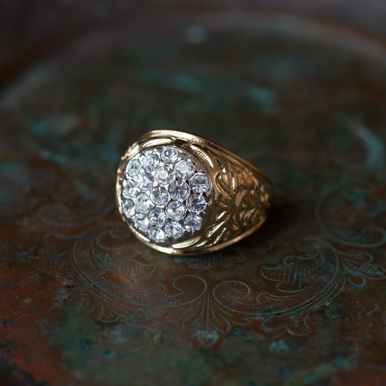 Vintage Men's Ring Clear Austrian Crystals 18k White or Yellow Gold Electroplated Made in USA by PVD Vintage Jewelry