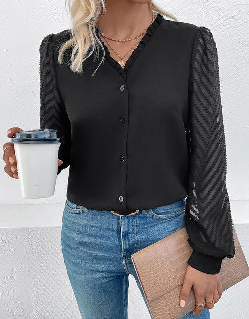 Load image into Gallery viewer, Mesh V-Neck Button Front Blouse
