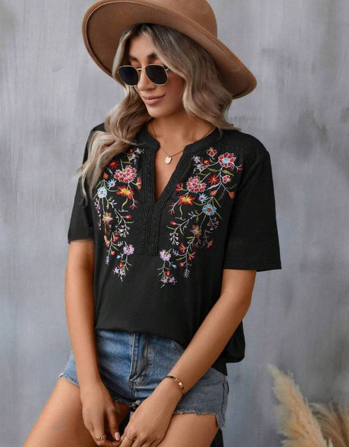 Load image into Gallery viewer, Embroidered Notched Short Sleeve T-Shirt
