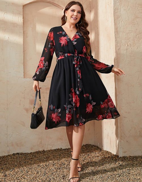 Load image into Gallery viewer, Honey Plus Size Floral Surplice Neck Tie Waist Dress
