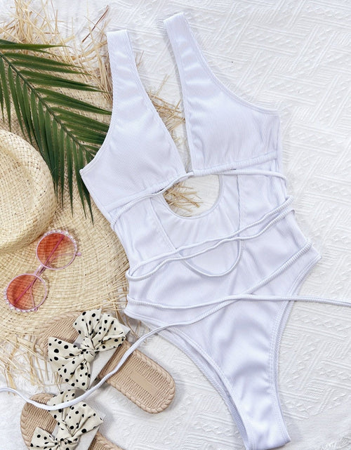 Load image into Gallery viewer, Ribbed Lace Up One-Piece Swimsuit
