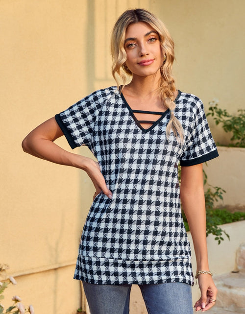 Load image into Gallery viewer, Houndstooth V-Neck Short Sleeve T-Shirt
