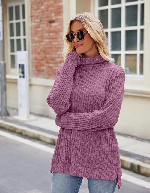 Load image into Gallery viewer, Ribbed Turtleneck Long Sleeve Slit Knit Top
