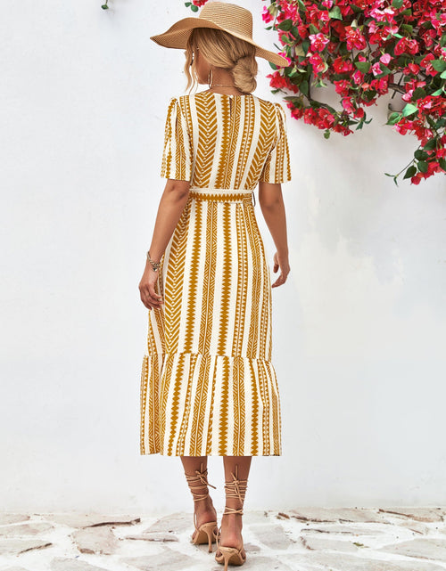 Load image into Gallery viewer, Striped Tie Belt Round Neck Puff Sleeve Dress

