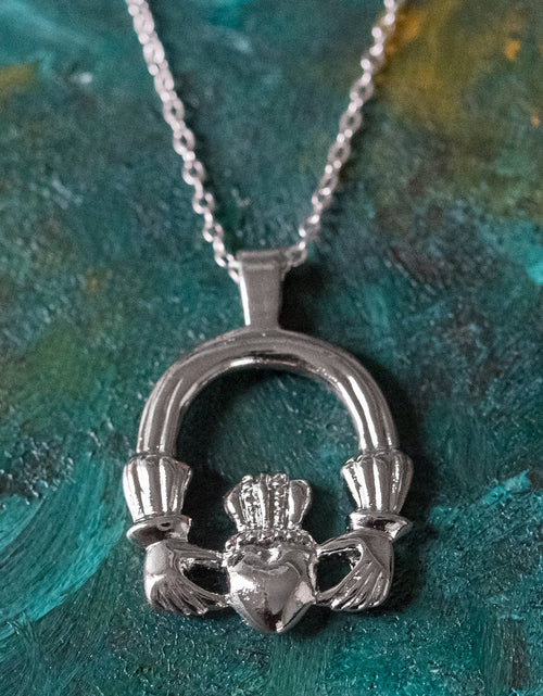 Load image into Gallery viewer, Vintage Claddagh Necklace 18k White Gold Electroplated Made in the USA by PVD Vintage Jewelry
