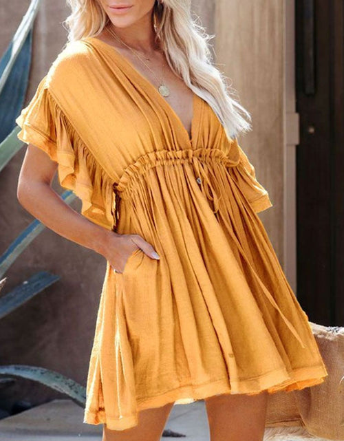 Load image into Gallery viewer, Drawstring Ruffled Half Sleeve Mini Dress
