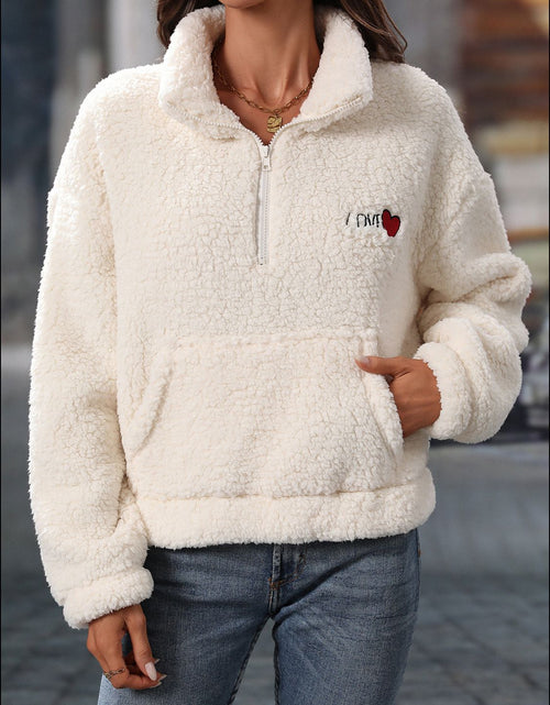 Load image into Gallery viewer, Heart Half Zip Long Sleeve Teddy Sweatshirt
