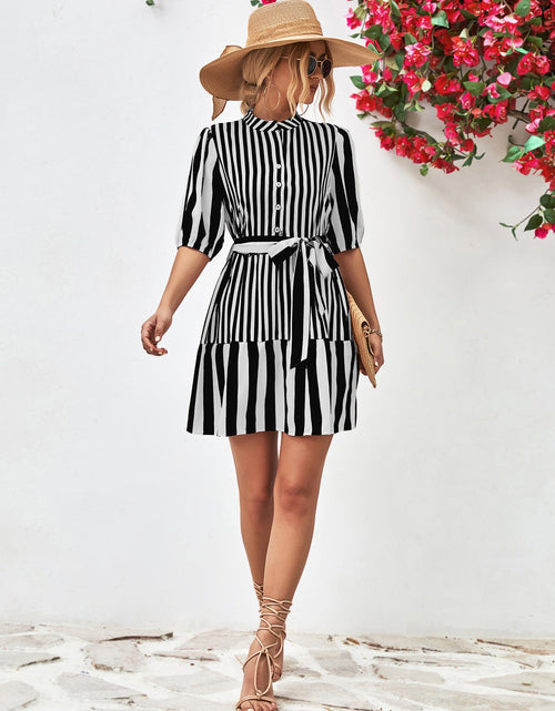 Load image into Gallery viewer, Striped Half Sleeve Tie Waist Mini Dress
