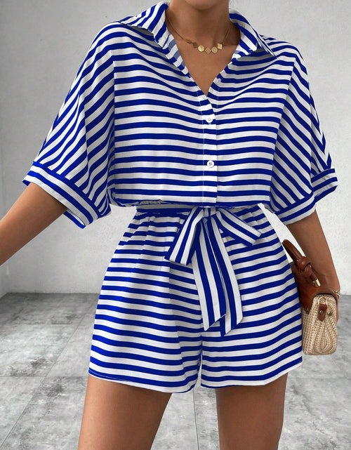 Load image into Gallery viewer, Tie Waist Half Button Striped Romper
