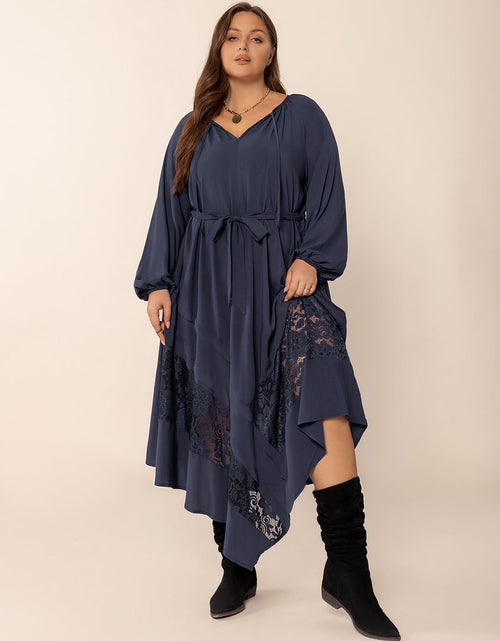Load image into Gallery viewer, Plus Size Lace Detail Tie Neck Long Sleeve Midi Dress

