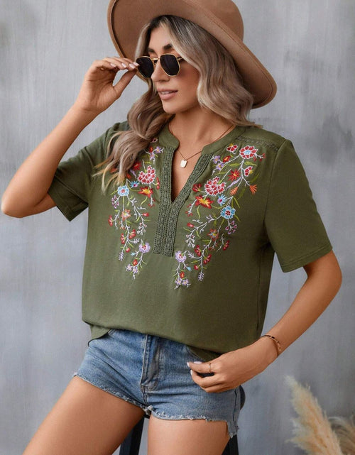 Load image into Gallery viewer, Embroidered Notched Short Sleeve T-Shirt
