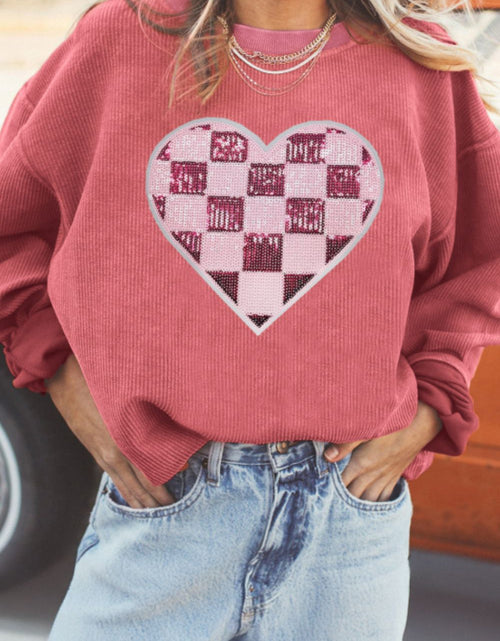 Load image into Gallery viewer, Valentine’s Day Sequin Checkered Heart Long Sleeve Sweatshirt
