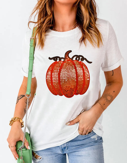 Load image into Gallery viewer, Full Size Sequin Pumpkin Round Neck Short Sleeve T-Shirt
