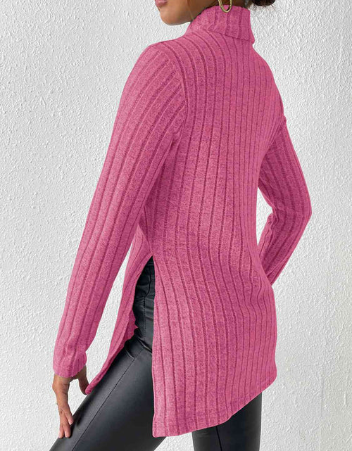 Load image into Gallery viewer, Ribbed Turtleneck Long Sleeve Slit T-Shirt
