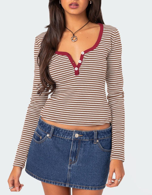 Load image into Gallery viewer, Buttoned Striped Long Sleeve T-Shirt
