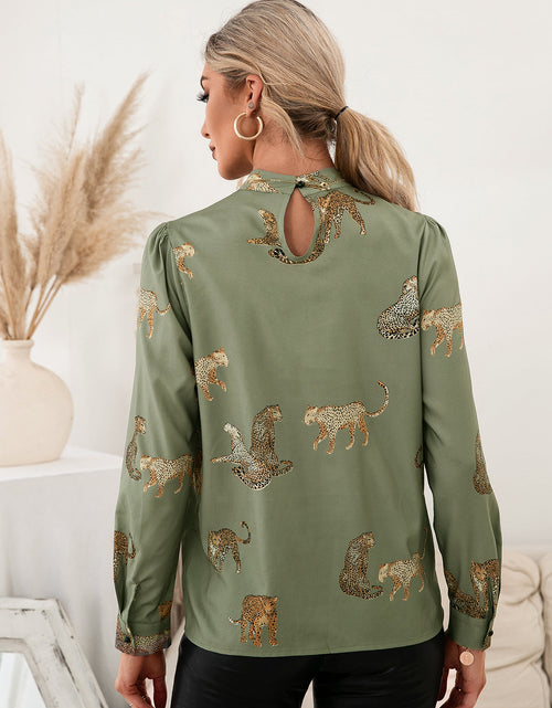 Load image into Gallery viewer, Ivy Lane Leopard Graphic Mock Neck Puff Sleeve Blouse
