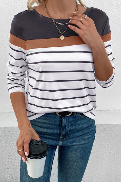 Load image into Gallery viewer, Striped Round Neck Long Sleeve T-Shirt
