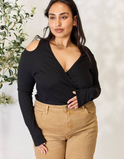 Load image into Gallery viewer, Culture Code Full Size Ribbed Surplice Cold Shoulder Top
