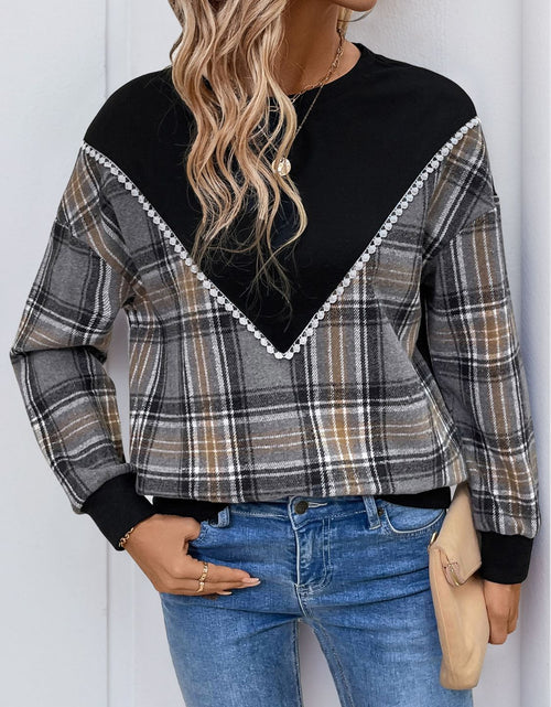 Load image into Gallery viewer, Perfee Plaid Round Neck Long Sleeve Sweatshirt
