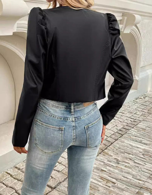 Load image into Gallery viewer, PU Leather Open Front Puff Sleeve Jacket
