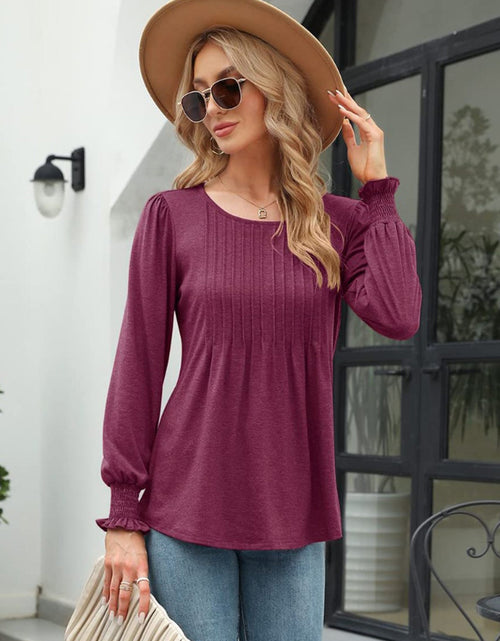 Load image into Gallery viewer, Smocked Round Neck Lantern Sleeve Blouse

