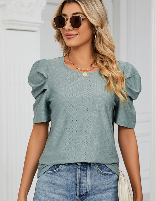 Load image into Gallery viewer, Eyelet Puff Sleeve Round Neck Blouse
