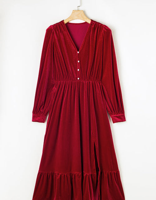 Load image into Gallery viewer, Ruffle Hem Slit V-Neck Long Sleeve Dress
