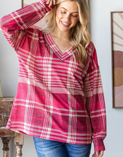 Load image into Gallery viewer, Heimish Plaid Drop Shoulder V-Neck T-Shirt
