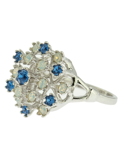 Load image into Gallery viewer, Vintage Ring Ruby Austrian Crystals and Pinfire Opals 18k White Gold Electroplate Made in the USA by PVD Vintage Jewelry
