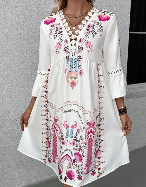 Load image into Gallery viewer, Lace Detail Printed Three-Quarter Sleeve Dress
