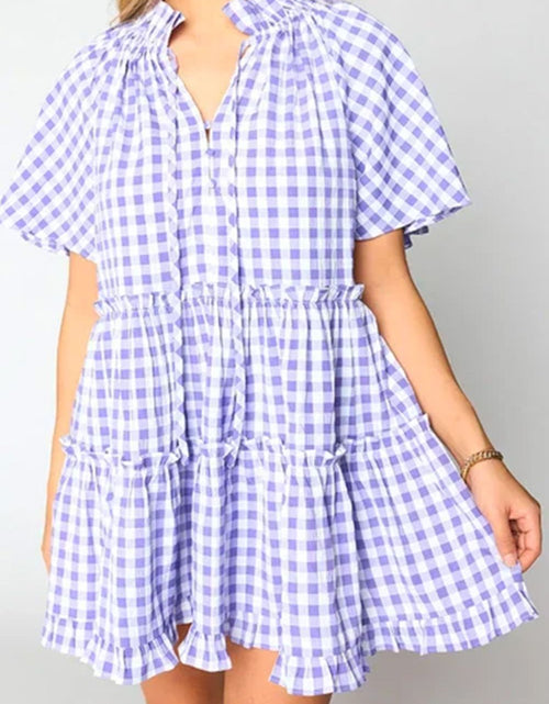 Load image into Gallery viewer, Plaid Tie Neck Short Sleeve Babydoll Mini Dress
