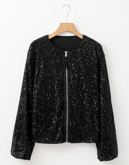 Load image into Gallery viewer, Sequin Zip Up Long Sleeve Jacket
