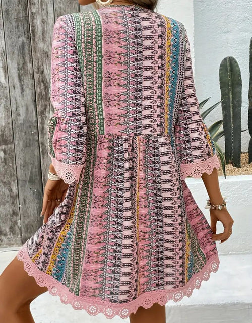 Load image into Gallery viewer, Lace Trim Printed V-Neck 3/4 Sleeve Dress

