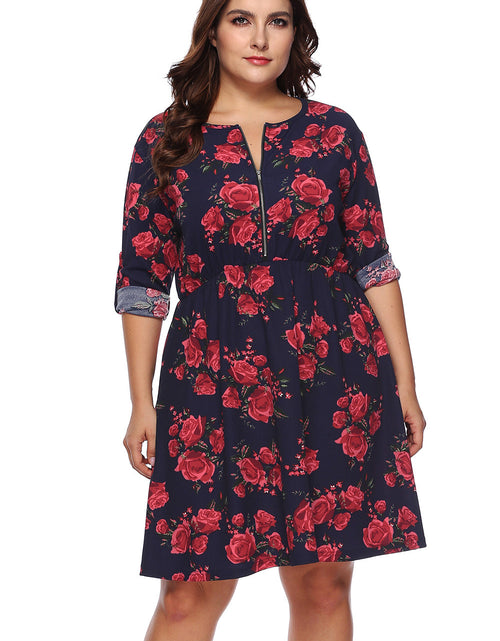Load image into Gallery viewer, Plus Size Floral Print Half Zip Up Dress
