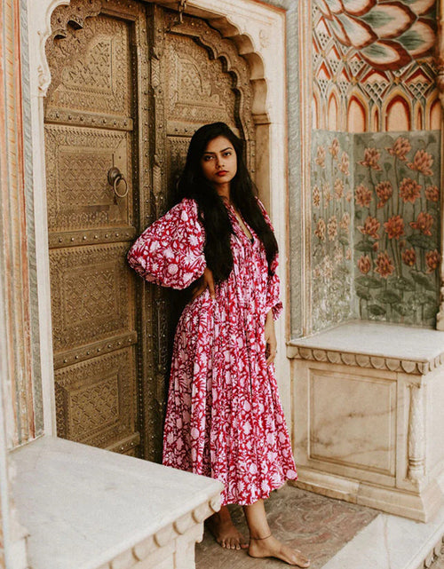 Load image into Gallery viewer, Floral Tie Neck Lantern Sleeve Dress
