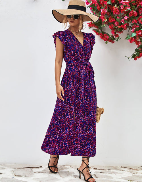 Load image into Gallery viewer, Printed Surplice Neck Flutter Sleeve Slit Dress
