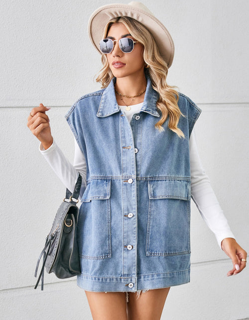 Load image into Gallery viewer, Pocketed Button Up Sleeveless Denim Jacket
