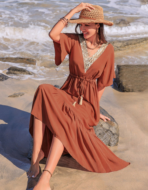Load image into Gallery viewer, Ruffled Tassel V-Neck Flutter Sleeve Dress
