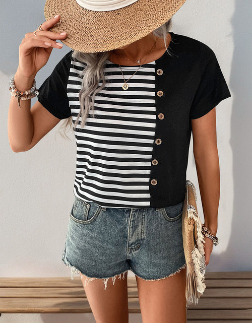 Load image into Gallery viewer, Perfee Striped Round Neck Short Sleeve T-Shirt
