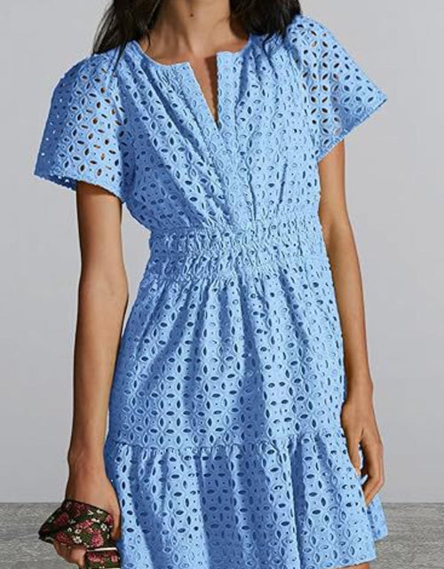 Load image into Gallery viewer, Eyelet Notched Short Sleeve Mini Dress
